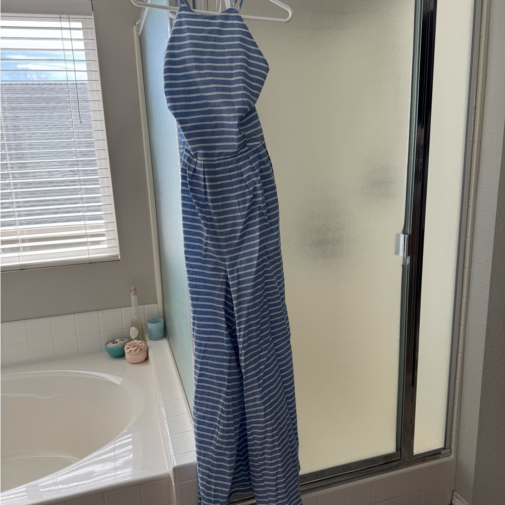 Blue and White Striped Halter Jumpsuit